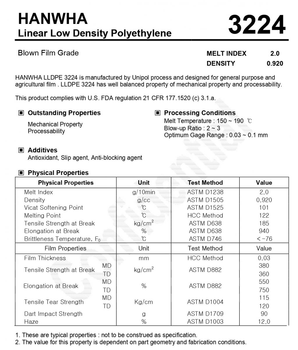 Thông số kỹ thuật của hạt nhựa LLDPE Hanwa 3224